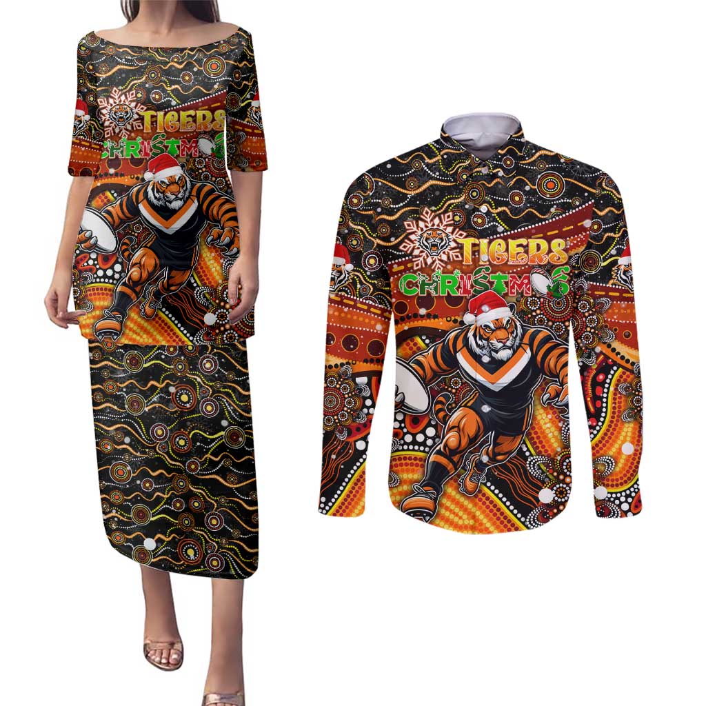 Merry Christmas Wests Tigers Couples Matching Puletasi and Long Sleeve Button Shirt Aboriginal Santa Rugby Mascot - The Tigers