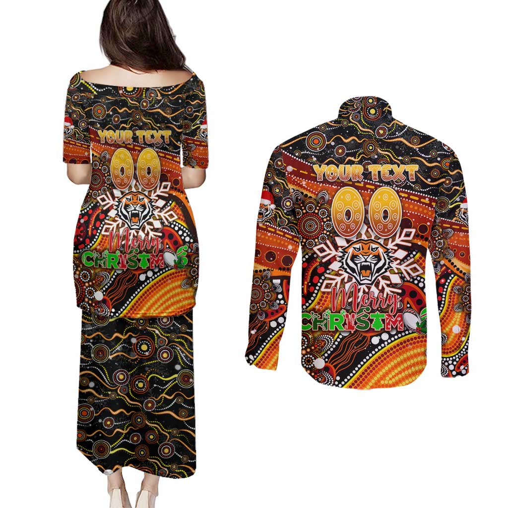 Merry Christmas Wests Tigers Couples Matching Puletasi and Long Sleeve Button Shirt Aboriginal Santa Rugby Mascot - The Tigers