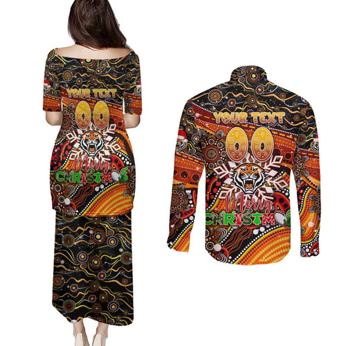 Merry Christmas Wests Tigers Couples Matching Puletasi and Long Sleeve Button Shirt Aboriginal Santa Rugby Mascot - The Tigers