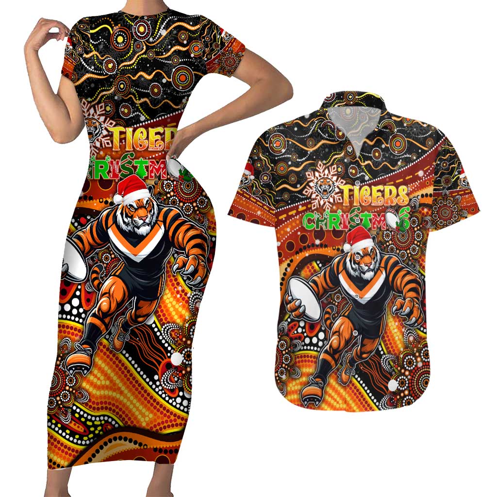 Merry Christmas Wests Tigers Couples Matching Short Sleeve Bodycon Dress and Hawaiian Shirt Aboriginal Santa Rugby Mascot - The Tigers