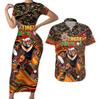 Merry Christmas Wests Tigers Couples Matching Short Sleeve Bodycon Dress and Hawaiian Shirt Aboriginal Santa Rugby Mascot - The Tigers