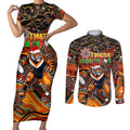 Merry Christmas Wests Tigers Couples Matching Short Sleeve Bodycon Dress and Long Sleeve Button Shirt Aboriginal Santa Rugby Mascot - The Tigers