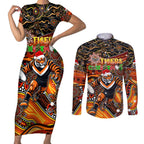 Merry Christmas Wests Tigers Couples Matching Short Sleeve Bodycon Dress and Long Sleeve Button Shirt Aboriginal Santa Rugby Mascot - The Tigers