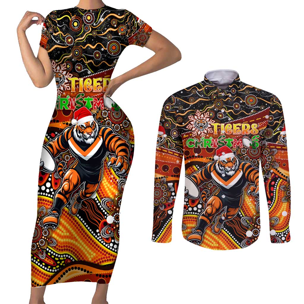 Merry Christmas Wests Tigers Couples Matching Short Sleeve Bodycon Dress and Long Sleeve Button Shirt Aboriginal Santa Rugby Mascot - The Tigers