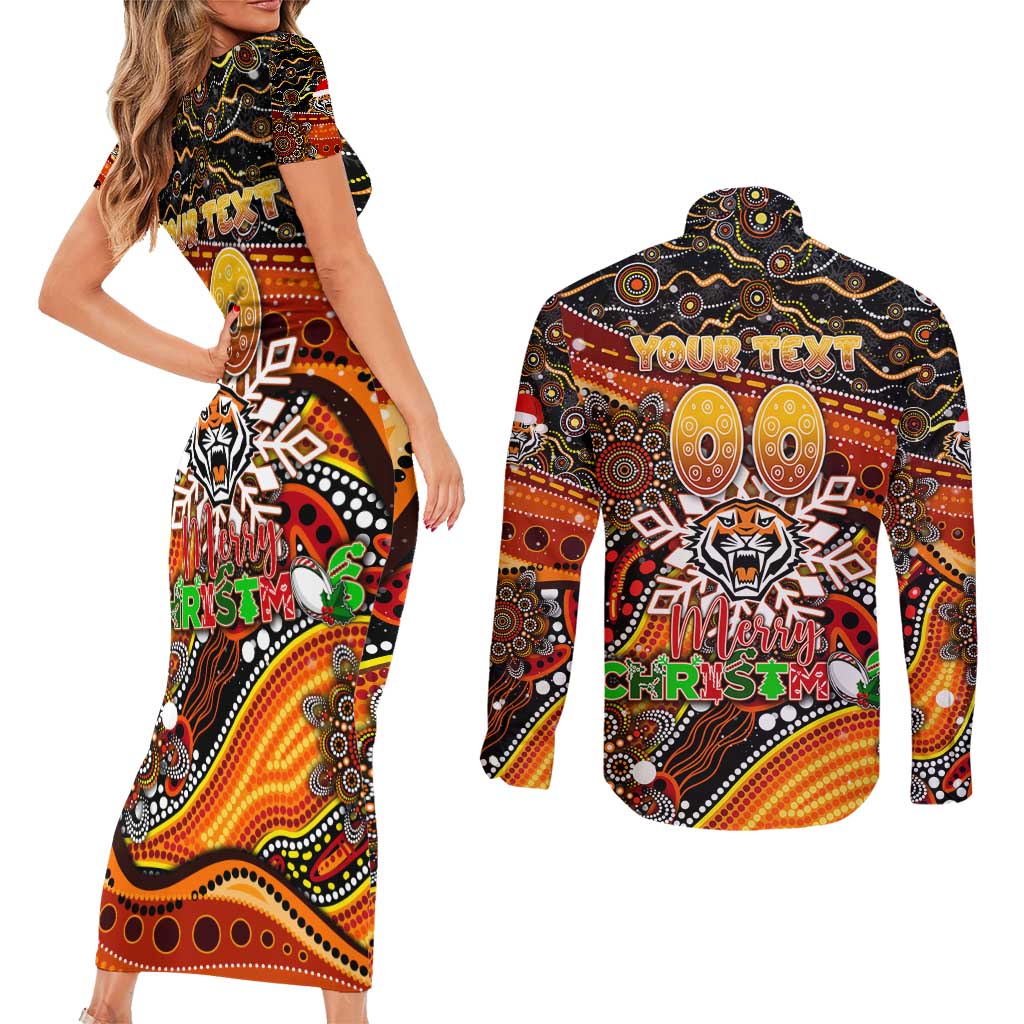 Merry Christmas Wests Tigers Couples Matching Short Sleeve Bodycon Dress and Long Sleeve Button Shirt Aboriginal Santa Rugby Mascot - The Tigers