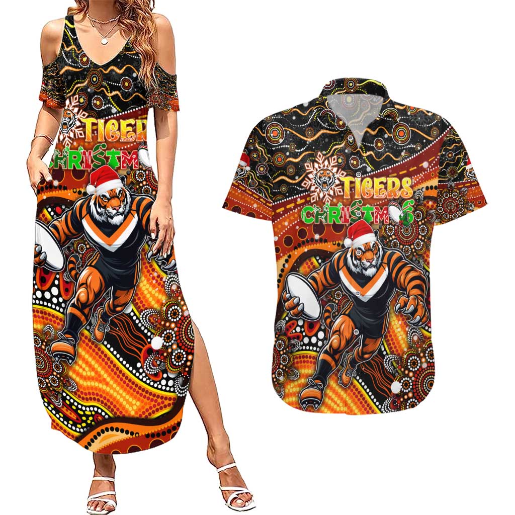 Merry Christmas Wests Tigers Couples Matching Summer Maxi Dress and Hawaiian Shirt Aboriginal Santa Rugby Mascot - The Tigers