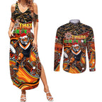 Merry Christmas Wests Tigers Couples Matching Summer Maxi Dress and Long Sleeve Button Shirt Aboriginal Santa Rugby Mascot - The Tigers
