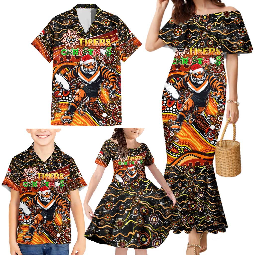 Merry Christmas Wests Tigers Family Matching Mermaid Dress and Hawaiian Shirt Aboriginal Santa Rugby Mascot - The Tigers