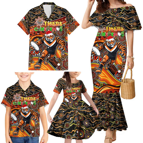 Merry Christmas Wests Tigers Family Matching Mermaid Dress and Hawaiian Shirt Aboriginal Santa Rugby Mascot - The Tigers