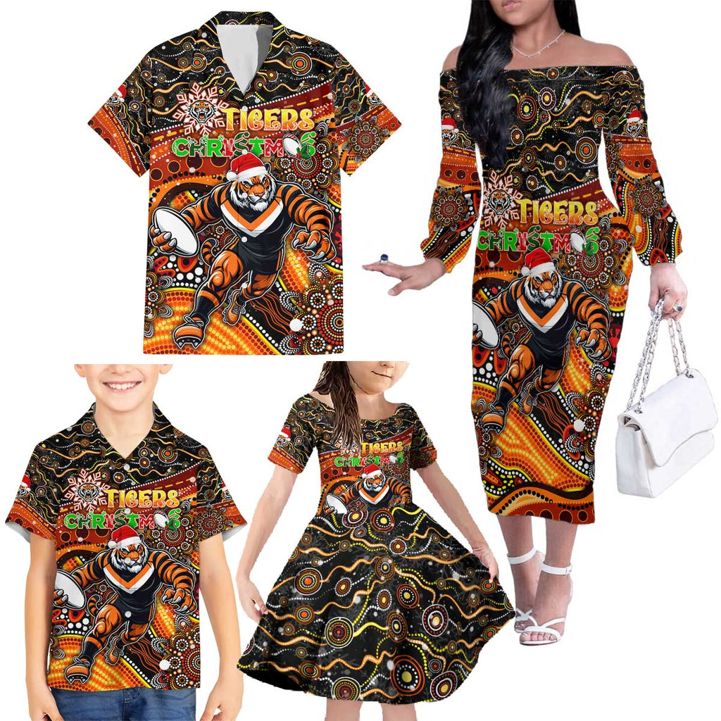 Merry Christmas Wests Tigers Family Matching Off The Shoulder Long Sleeve Dress and Hawaiian Shirt Aboriginal Santa Rugby Mascot - The Tigers