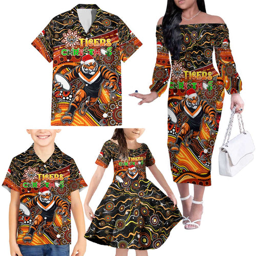 Merry Christmas Wests Tigers Family Matching Off The Shoulder Long Sleeve Dress and Hawaiian Shirt Aboriginal Santa Rugby Mascot - The Tigers