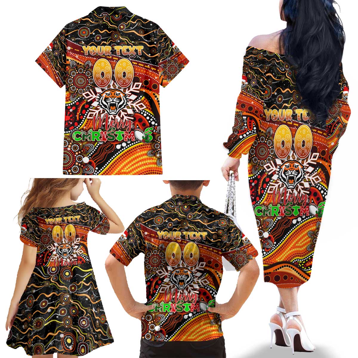 Merry Christmas Wests Tigers Family Matching Off The Shoulder Long Sleeve Dress and Hawaiian Shirt Aboriginal Santa Rugby Mascot - The Tigers