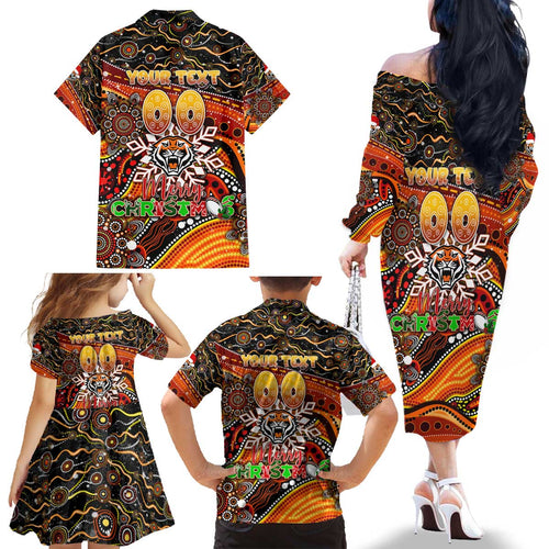 Merry Christmas Wests Tigers Family Matching Off The Shoulder Long Sleeve Dress and Hawaiian Shirt Aboriginal Santa Rugby Mascot - The Tigers