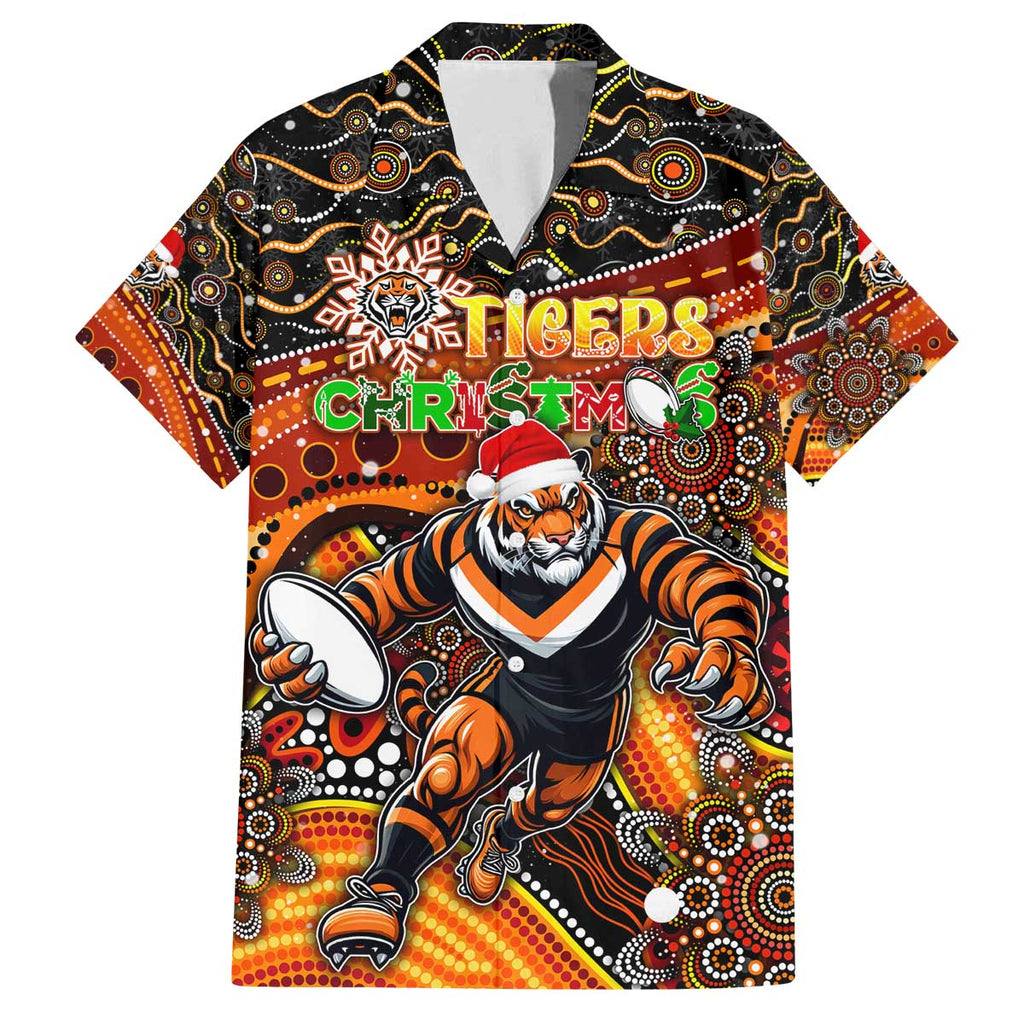 Merry Christmas Wests Tigers Family Matching Off The Shoulder Long Sleeve Dress and Hawaiian Shirt Aboriginal Santa Rugby Mascot - The Tigers