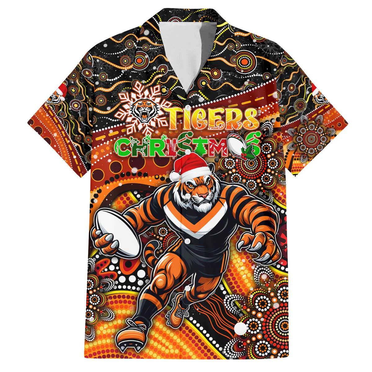 Merry Christmas Wests Tigers Family Matching Off The Shoulder Long Sleeve Dress and Hawaiian Shirt Aboriginal Santa Rugby Mascot - The Tigers