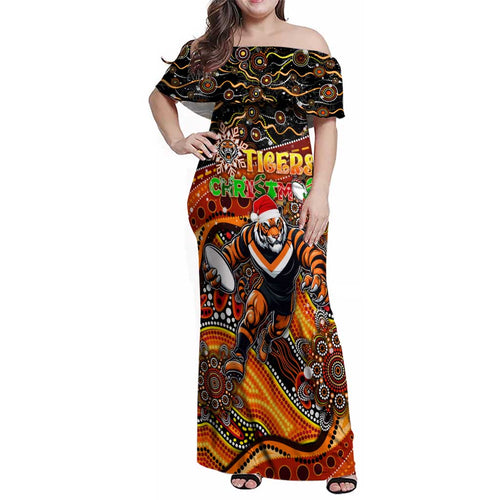 Merry Christmas Wests Tigers Family Matching Off Shoulder Maxi Dress and Hawaiian Shirt Aboriginal Santa Rugby Mascot - The Tigers