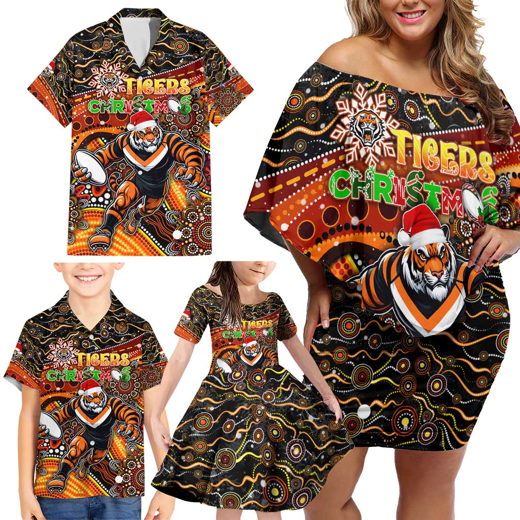 Merry Christmas Wests Tigers Family Matching Off Shoulder Short Dress and Hawaiian Shirt Aboriginal Santa Rugby Mascot - The Tigers