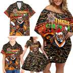 Merry Christmas Wests Tigers Family Matching Off Shoulder Short Dress and Hawaiian Shirt Aboriginal Santa Rugby Mascot - The Tigers
