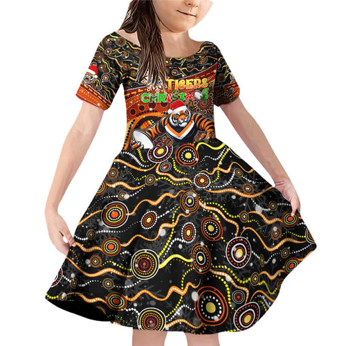 Merry Christmas Wests Tigers Family Matching Off Shoulder Short Dress and Hawaiian Shirt Aboriginal Santa Rugby Mascot - The Tigers