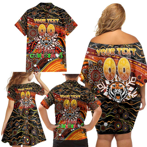 Merry Christmas Wests Tigers Family Matching Off Shoulder Short Dress and Hawaiian Shirt Aboriginal Santa Rugby Mascot - The Tigers