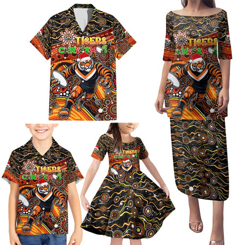 Merry Christmas Wests Tigers Family Matching Puletasi and Hawaiian Shirt Aboriginal Santa Rugby Mascot - The Tigers