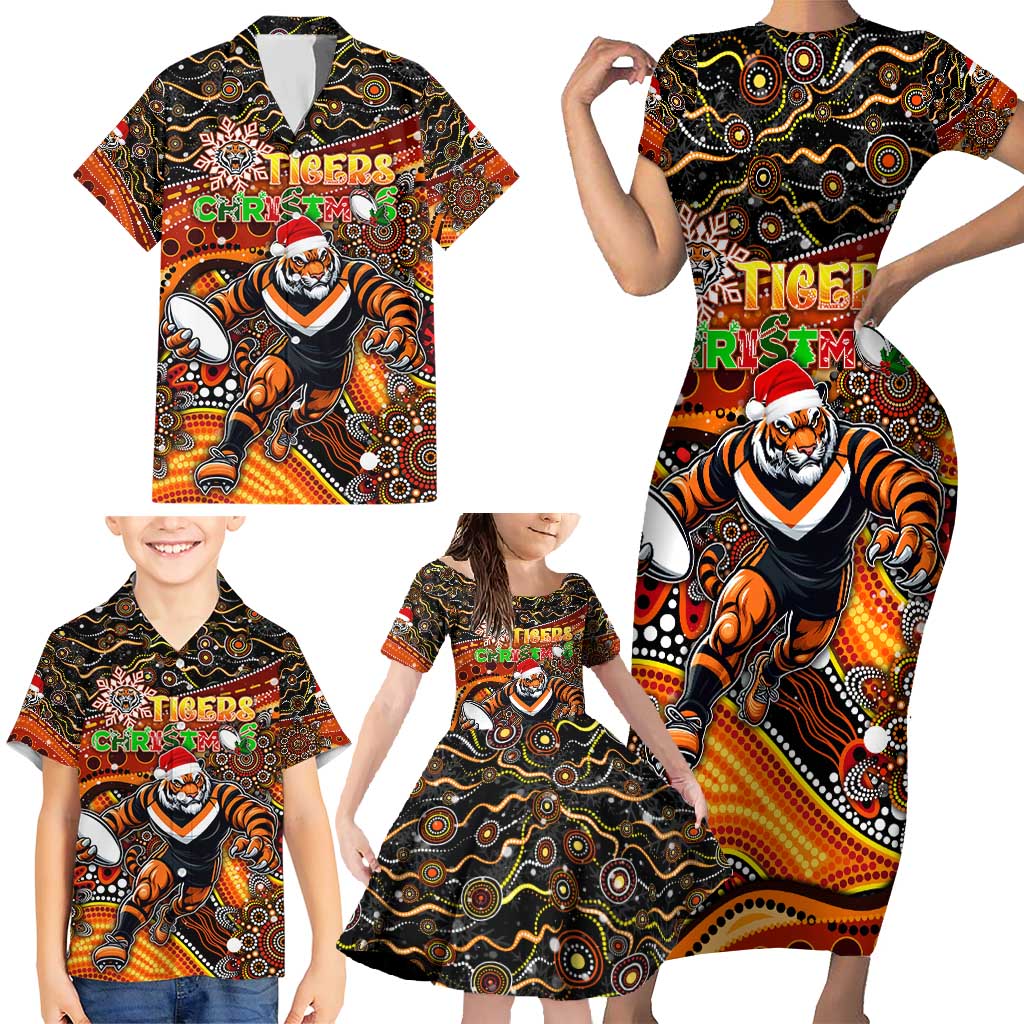 Merry Christmas Wests Tigers Family Matching Short Sleeve Bodycon Dress and Hawaiian Shirt Aboriginal Santa Rugby Mascot - The Tigers