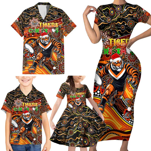 Merry Christmas Wests Tigers Family Matching Short Sleeve Bodycon Dress and Hawaiian Shirt Aboriginal Santa Rugby Mascot - The Tigers