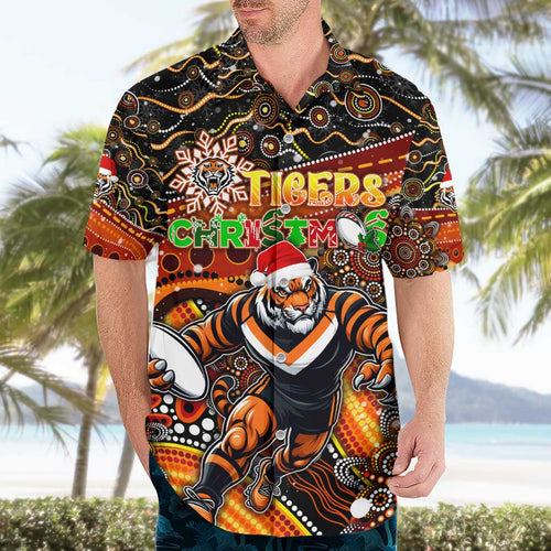 Merry Christmas Wests Tigers Hawaiian Shirt Aboriginal Santa Rugby Mascot - The Tigers