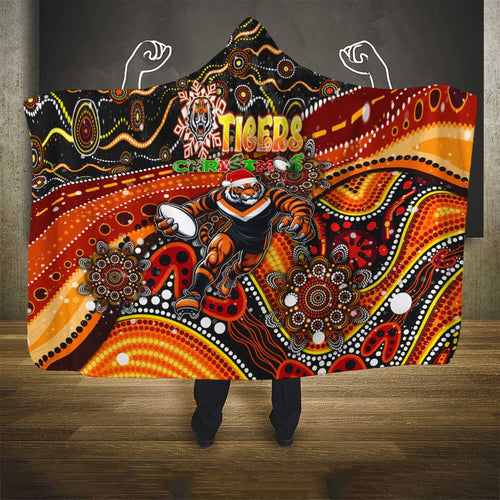 Merry Christmas Wests Tigers Hooded Blanket Aboriginal Santa Rugby Mascot - The Tigers