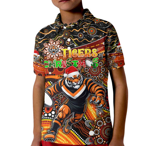 Merry Christmas Wests Tigers Kid Polo Shirt Aboriginal Santa Rugby Mascot - The Tigers