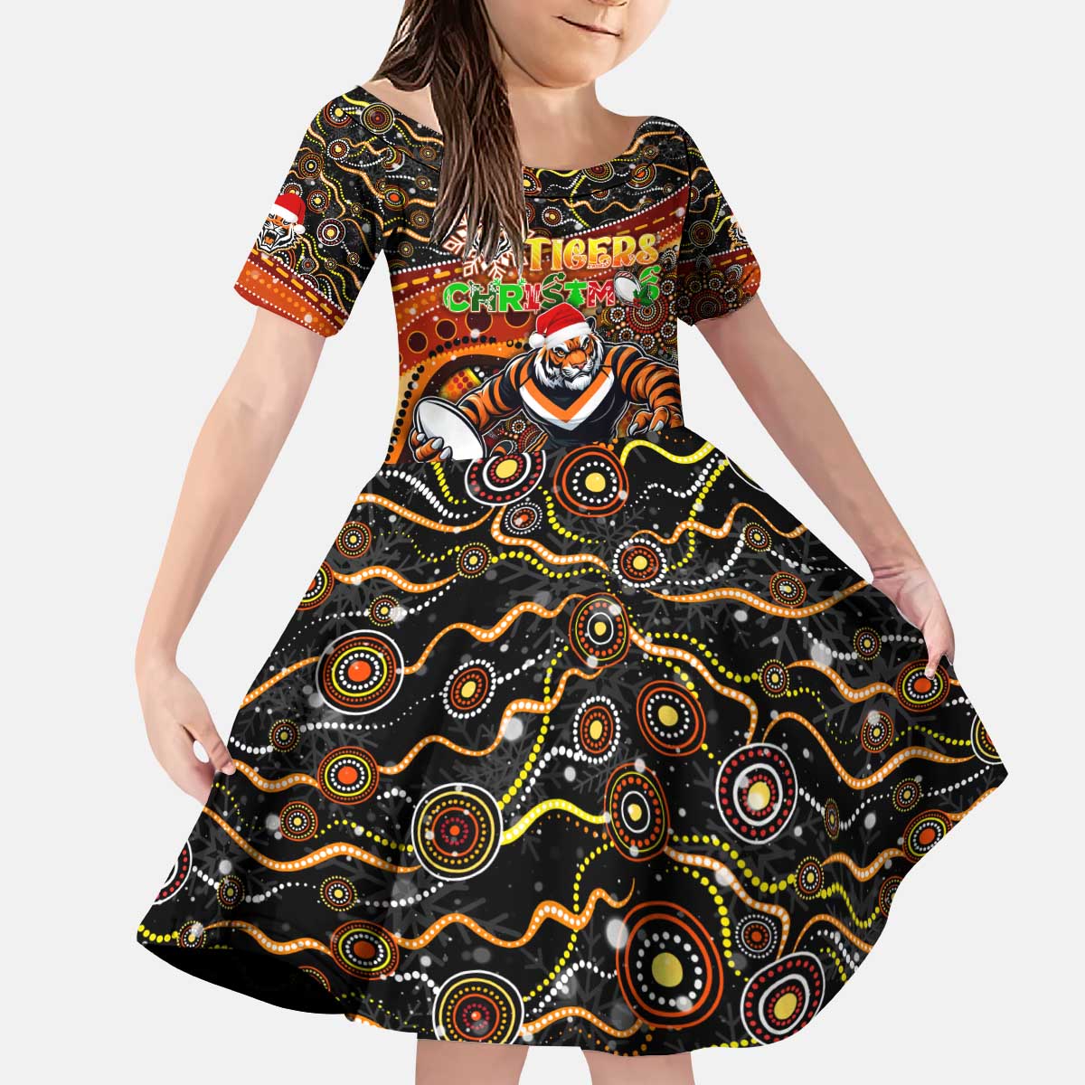 Merry Christmas Wests Tigers Kid Short Sleeve Dress Aboriginal Santa Rugby Mascot - The Tigers