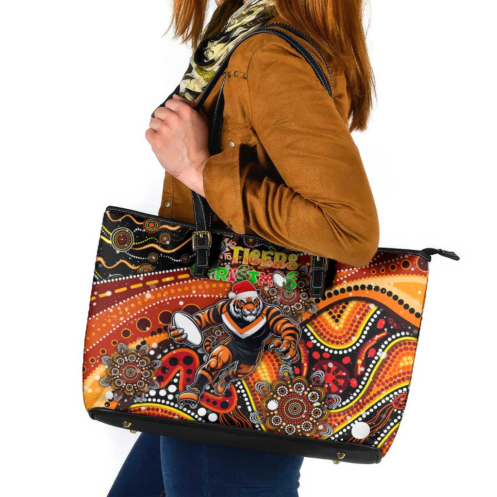 Merry Christmas Wests Tigers Leather Tote Bag Aboriginal Santa Rugby Mascot - The Tigers
