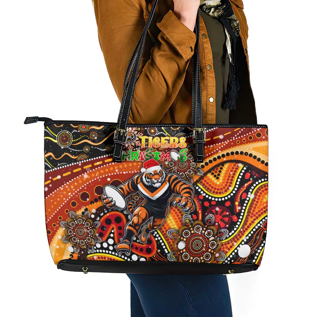 Merry Christmas Wests Tigers Leather Tote Bag Aboriginal Santa Rugby Mascot - The Tigers