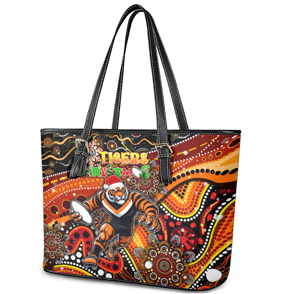 Merry Christmas Wests Tigers Leather Tote Bag Aboriginal Santa Rugby Mascot - The Tigers
