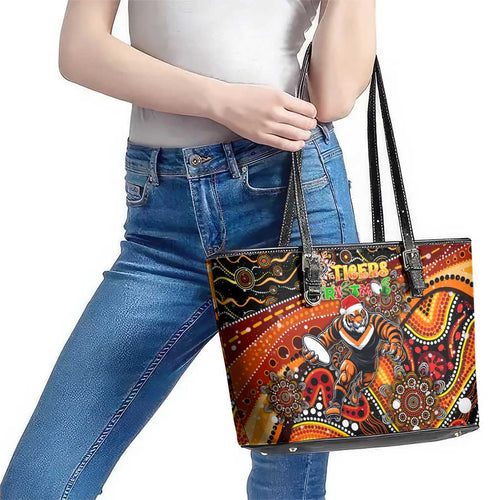 Merry Christmas Wests Tigers Leather Tote Bag Aboriginal Santa Rugby Mascot - The Tigers