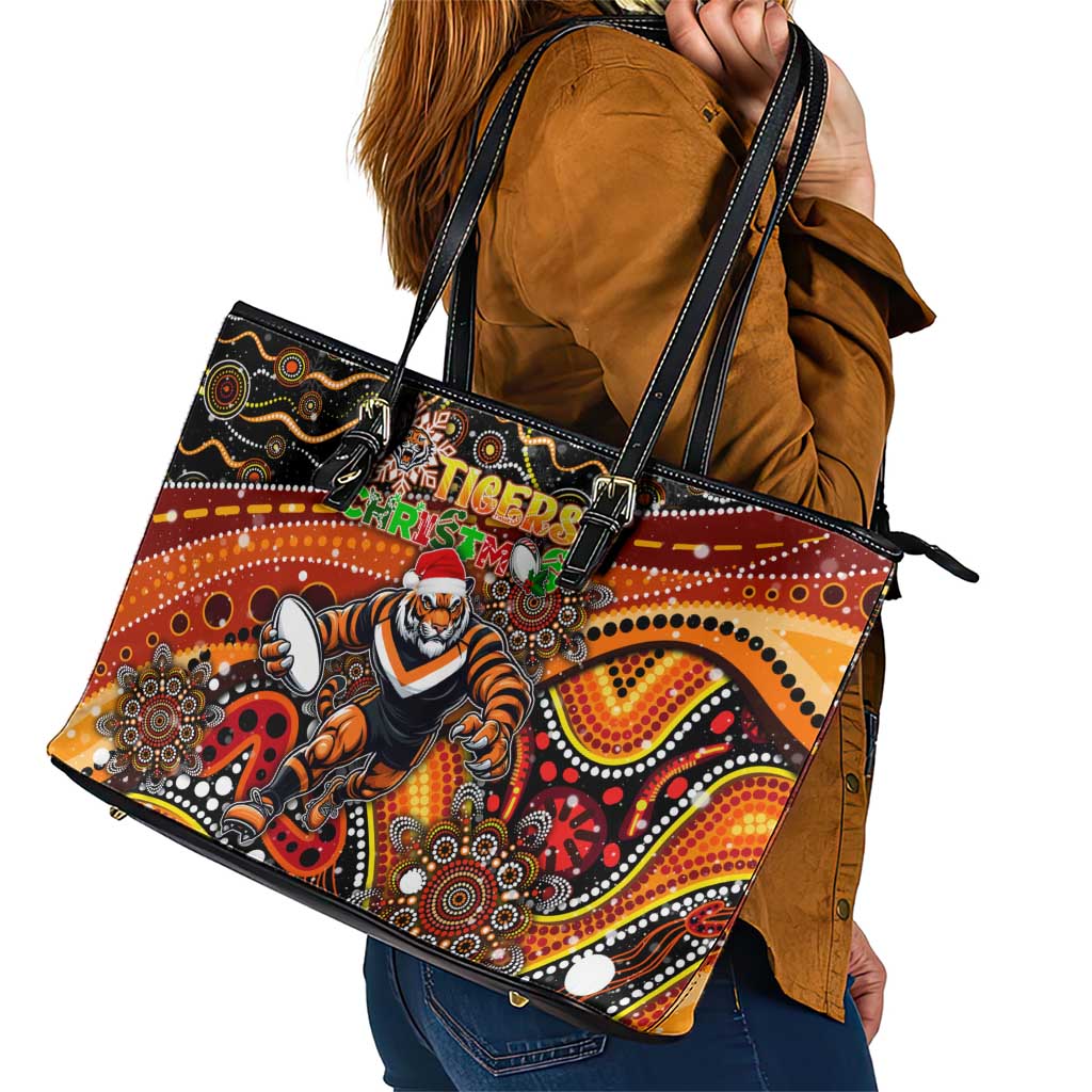 Merry Christmas Wests Tigers Leather Tote Bag Aboriginal Santa Rugby Mascot - The Tigers