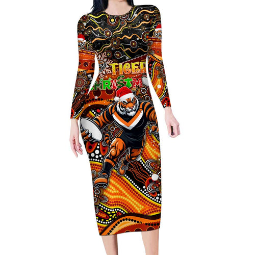 Merry Christmas Wests Tigers Long Sleeve Bodycon Dress Aboriginal Santa Rugby Mascot - The Tigers