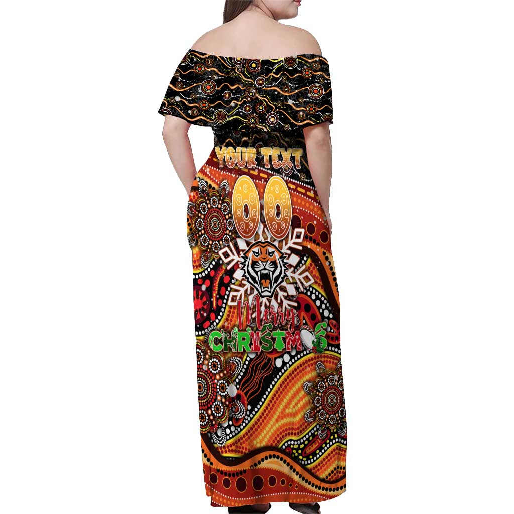 Merry Christmas Wests Tigers Off Shoulder Maxi Dress Aboriginal Santa Rugby Mascot - The Tigers