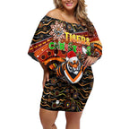 Merry Christmas Wests Tigers Off Shoulder Short Dress Aboriginal Santa Rugby Mascot - The Tigers