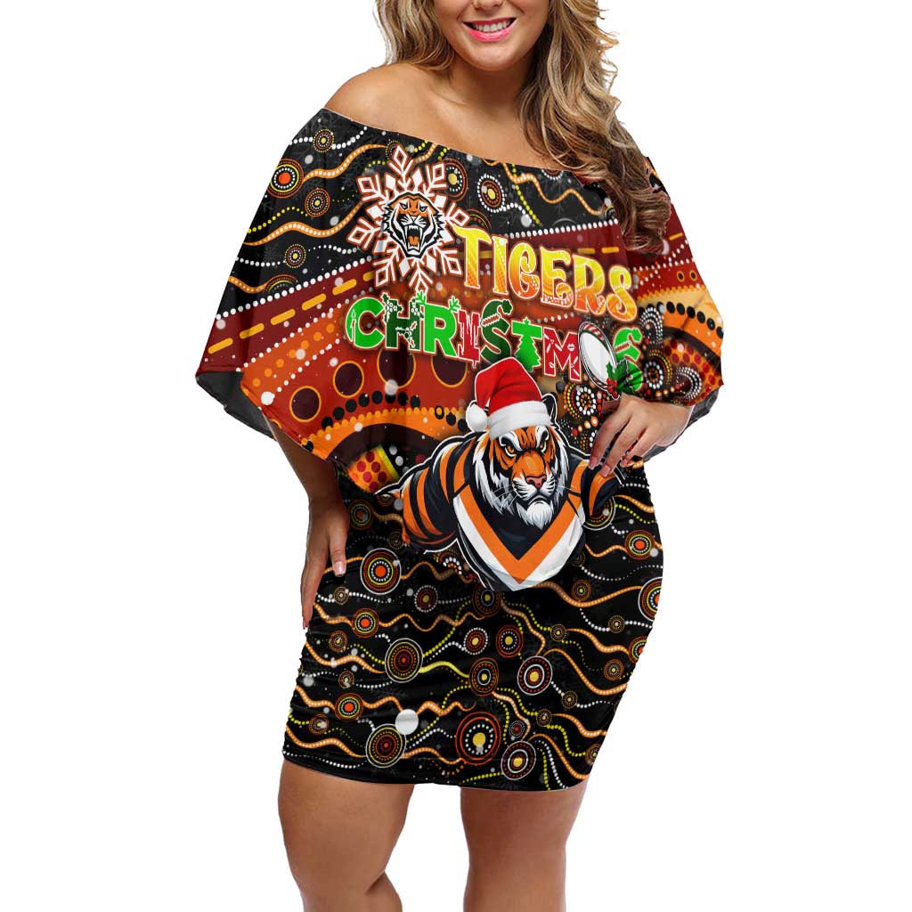 Merry Christmas Wests Tigers Off Shoulder Short Dress Aboriginal Santa Rugby Mascot - The Tigers