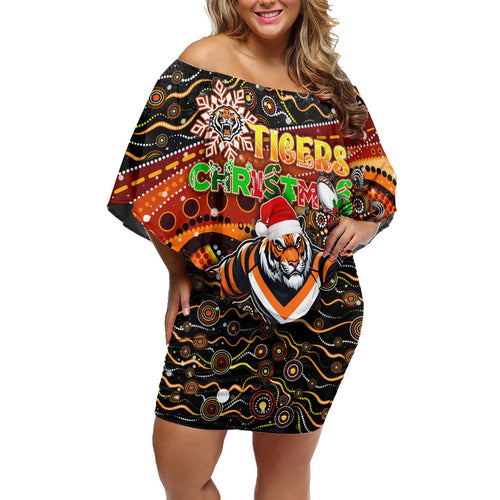 Merry Christmas Wests Tigers Off Shoulder Short Dress Aboriginal Santa Rugby Mascot - The Tigers