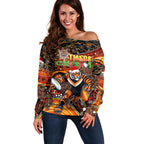 Merry Christmas Wests Tigers Off Shoulder Sweater Aboriginal Santa Rugby Mascot - The Tigers