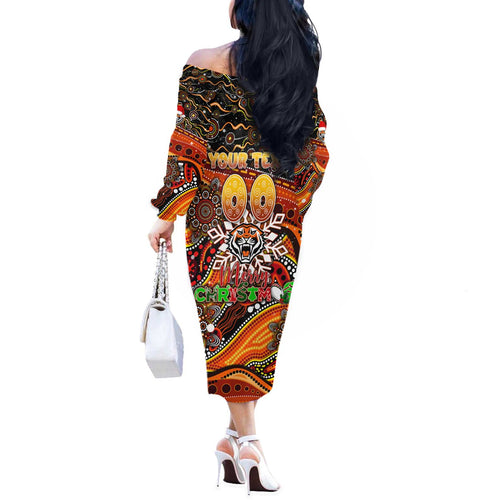Merry Christmas Wests Tigers Off The Shoulder Long Sleeve Dress Aboriginal Santa Rugby Mascot - The Tigers