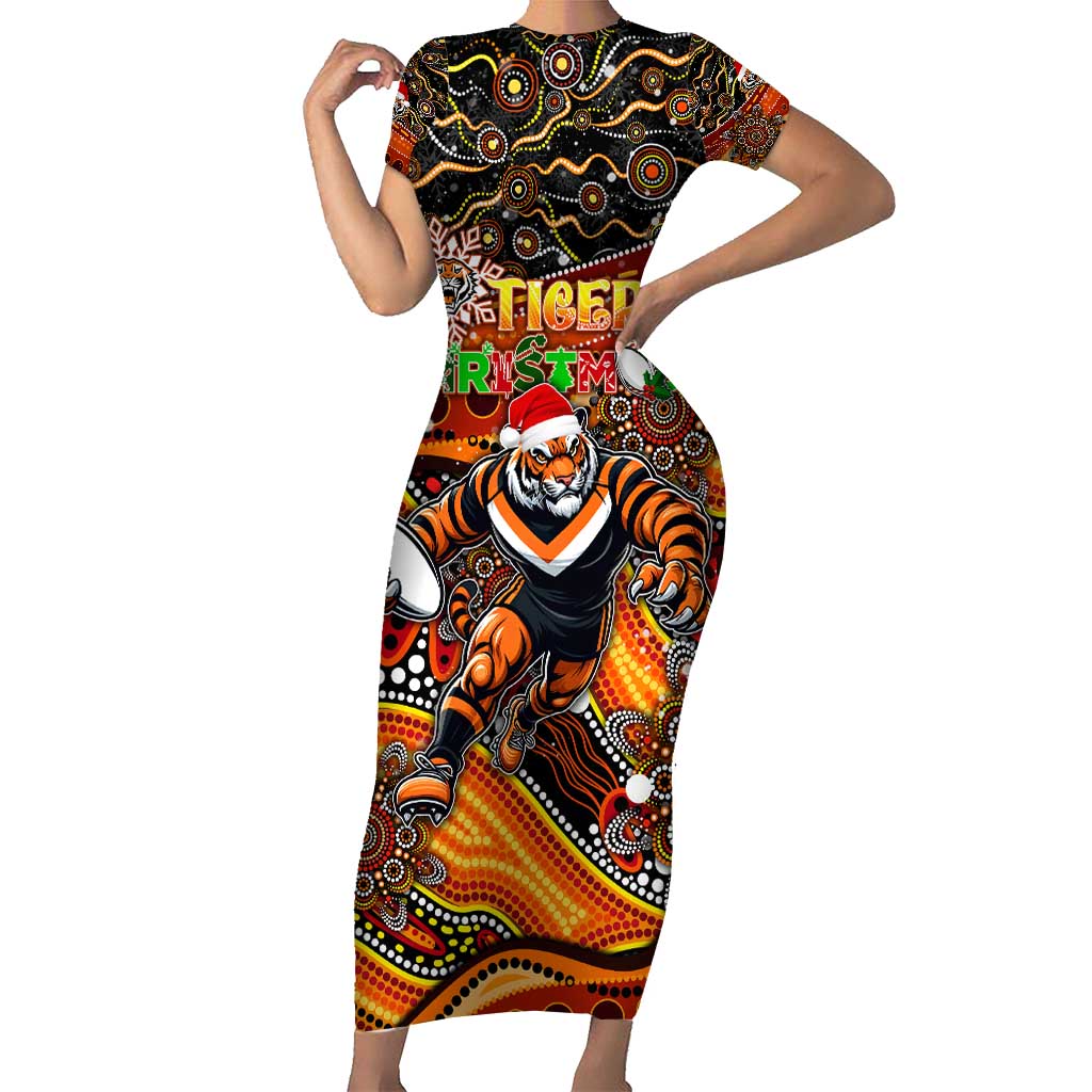 Merry Christmas Wests Tigers Short Sleeve Bodycon Dress Aboriginal Santa Rugby Mascot - The Tigers