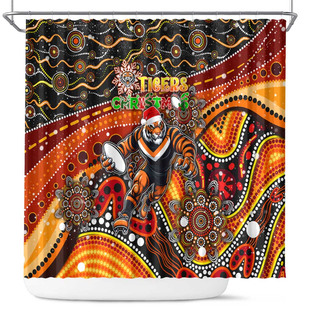 Merry Christmas Wests Tigers Shower Curtain Aboriginal Santa Rugby Mascot - The Tigers