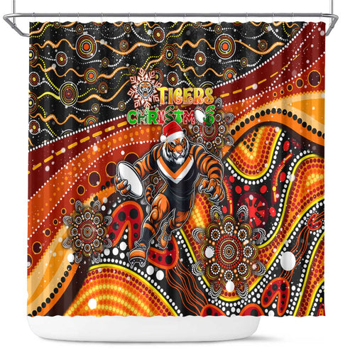 Merry Christmas Wests Tigers Shower Curtain Aboriginal Santa Rugby Mascot - The Tigers