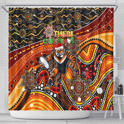 Merry Christmas Wests Tigers Shower Curtain Aboriginal Santa Rugby Mascot - The Tigers