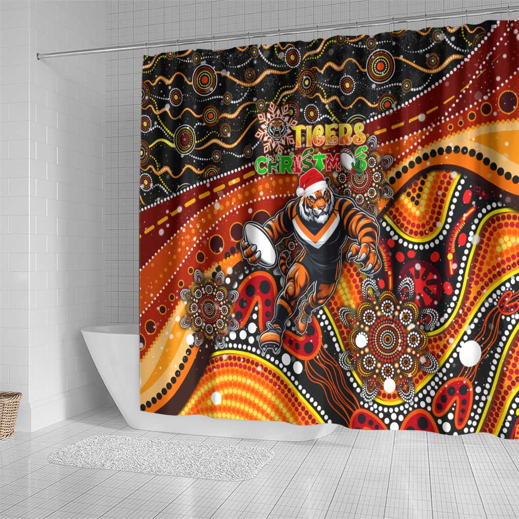 Merry Christmas Wests Tigers Shower Curtain Aboriginal Santa Rugby Mascot - The Tigers