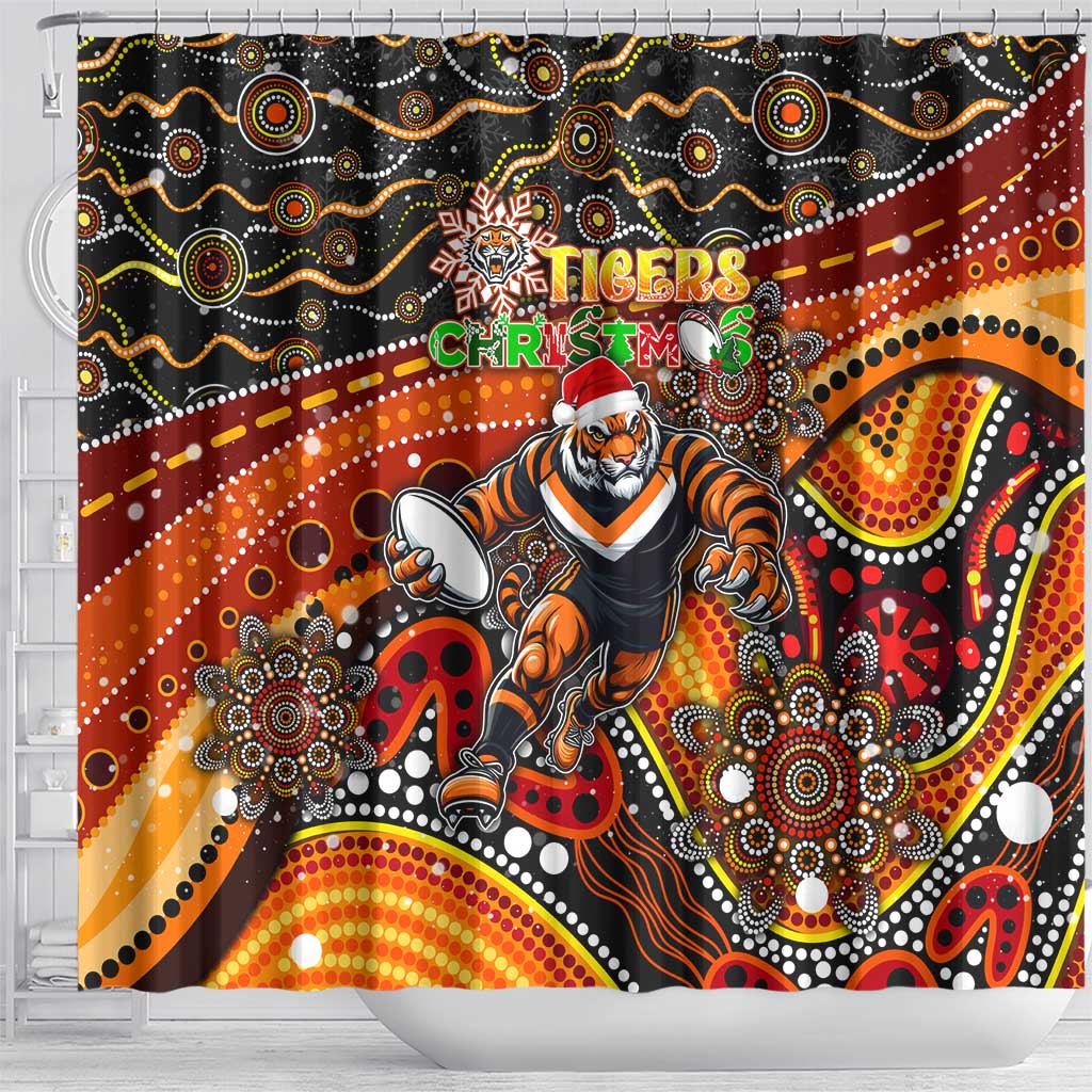 Merry Christmas Wests Tigers Shower Curtain Aboriginal Santa Rugby Mascot - The Tigers