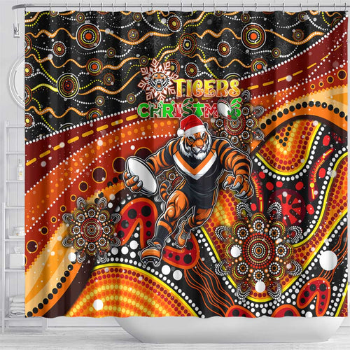 Merry Christmas Wests Tigers Shower Curtain Aboriginal Santa Rugby Mascot - The Tigers